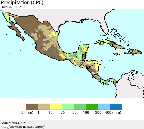 Mexico Central America and the Caribbean Precipitation (CPC) Thematic Map For 12/20/2021 - 12/26/2021