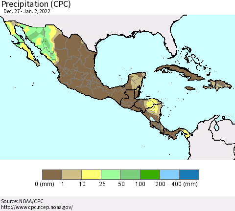 Mexico Central America and the Caribbean Precipitation (CPC) Thematic Map For 12/27/2021 - 1/2/2022