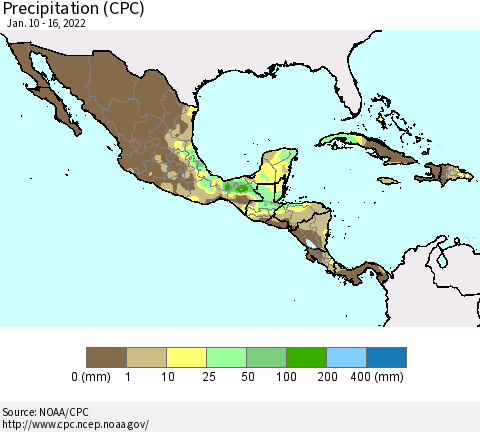 Mexico Central America and the Caribbean Precipitation (CPC) Thematic Map For 1/10/2022 - 1/16/2022
