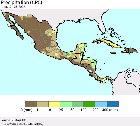 Mexico Central America and the Caribbean Precipitation (CPC) Thematic Map For 1/17/2022 - 1/23/2022