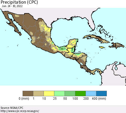 Mexico Central America and the Caribbean Precipitation (CPC) Thematic Map For 1/24/2022 - 1/30/2022