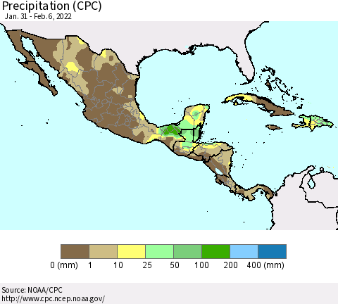 Mexico Central America and the Caribbean Precipitation (CPC) Thematic Map For 1/31/2022 - 2/6/2022