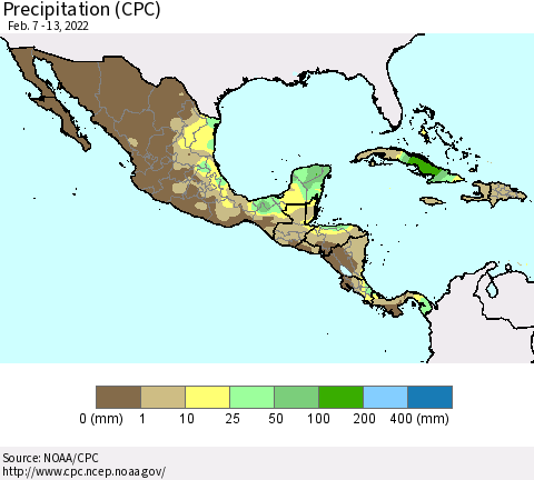 Mexico Central America and the Caribbean Precipitation (CPC) Thematic Map For 2/7/2022 - 2/13/2022