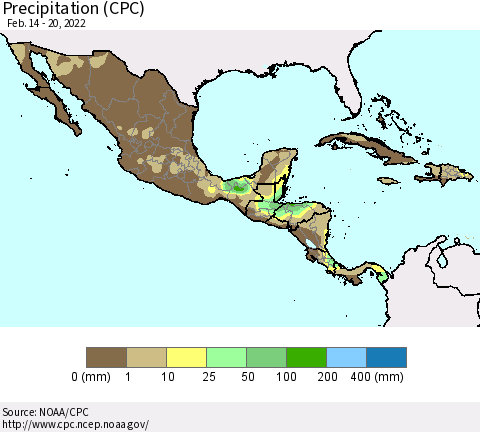 Mexico Central America and the Caribbean Precipitation (CPC) Thematic Map For 2/14/2022 - 2/20/2022