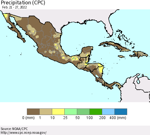 Mexico Central America and the Caribbean Precipitation (CPC) Thematic Map For 2/21/2022 - 2/27/2022
