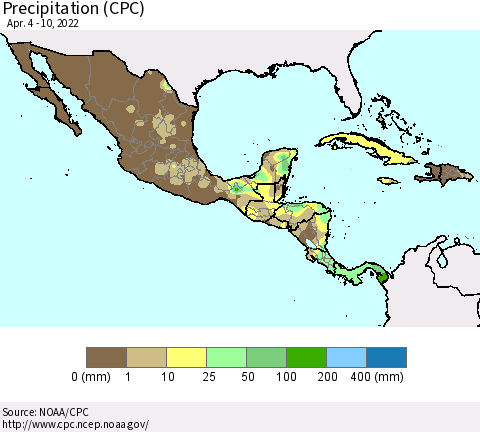 Mexico Central America and the Caribbean Precipitation (CPC) Thematic Map For 4/4/2022 - 4/10/2022