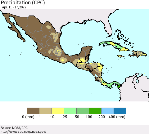 Mexico Central America and the Caribbean Precipitation (CPC) Thematic Map For 4/11/2022 - 4/17/2022
