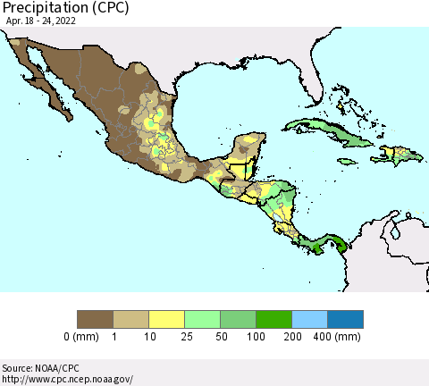 Mexico Central America and the Caribbean Precipitation (CPC) Thematic Map For 4/18/2022 - 4/24/2022
