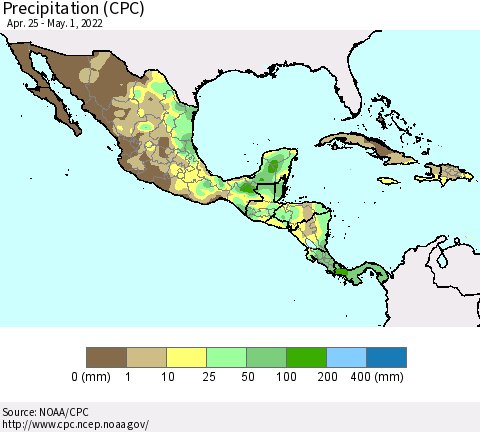 Mexico Central America and the Caribbean Precipitation (CPC) Thematic Map For 4/25/2022 - 5/1/2022