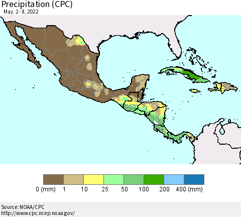 Mexico Central America and the Caribbean Precipitation (CPC) Thematic Map For 5/2/2022 - 5/8/2022