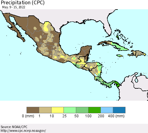 Mexico Central America and the Caribbean Precipitation (CPC) Thematic Map For 5/9/2022 - 5/15/2022