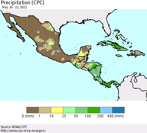 Mexico Central America and the Caribbean Precipitation (CPC) Thematic Map For 5/16/2022 - 5/22/2022
