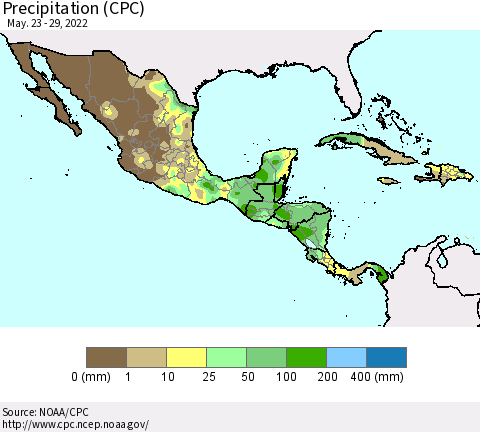 Mexico Central America and the Caribbean Precipitation (CPC) Thematic Map For 5/23/2022 - 5/29/2022