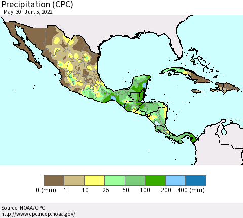 Mexico Central America and the Caribbean Precipitation (CPC) Thematic Map For 5/30/2022 - 6/5/2022