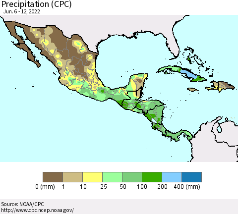 Mexico Central America and the Caribbean Precipitation (CPC) Thematic Map For 6/6/2022 - 6/12/2022