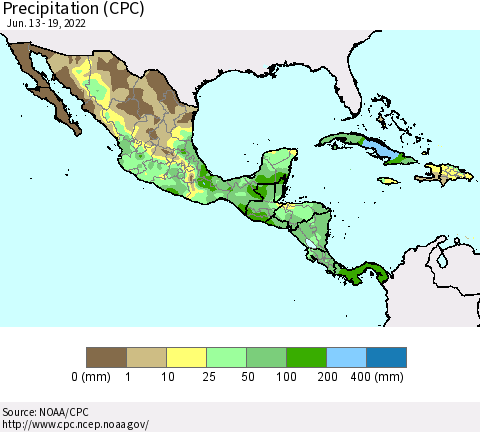 Mexico Central America and the Caribbean Precipitation (CPC) Thematic Map For 6/13/2022 - 6/19/2022