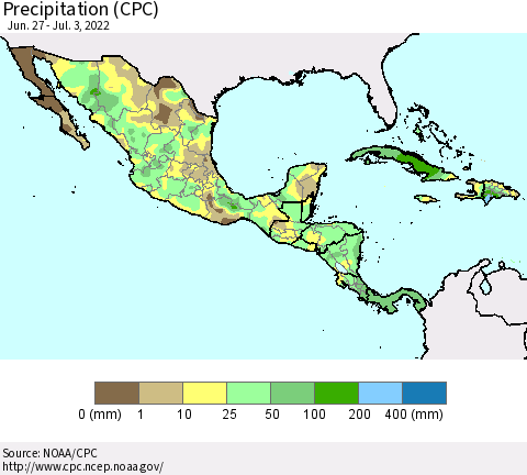 Mexico Central America and the Caribbean Precipitation (CPC) Thematic Map For 6/27/2022 - 7/3/2022
