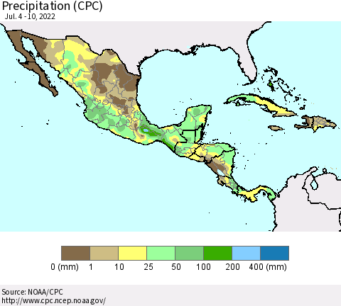 Mexico Central America and the Caribbean Precipitation (CPC) Thematic Map For 7/4/2022 - 7/10/2022