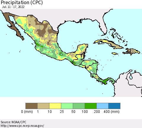 Mexico Central America and the Caribbean Precipitation (CPC) Thematic Map For 7/11/2022 - 7/17/2022