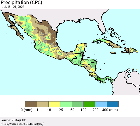 Mexico Central America and the Caribbean Precipitation (CPC) Thematic Map For 7/18/2022 - 7/24/2022