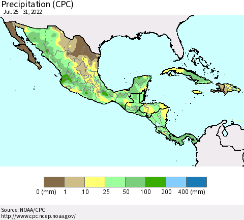Mexico Central America and the Caribbean Precipitation (CPC) Thematic Map For 7/25/2022 - 7/31/2022