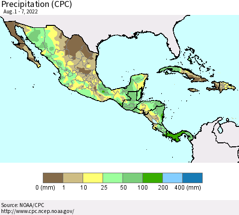 Mexico Central America and the Caribbean Precipitation (CPC) Thematic Map For 8/1/2022 - 8/7/2022