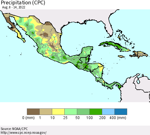 Mexico Central America and the Caribbean Precipitation (CPC) Thematic Map For 8/8/2022 - 8/14/2022