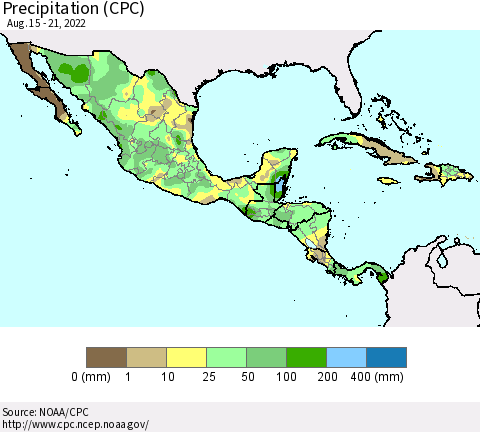 Mexico Central America and the Caribbean Precipitation (CPC) Thematic Map For 8/15/2022 - 8/21/2022
