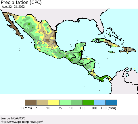 Mexico Central America and the Caribbean Precipitation (CPC) Thematic Map For 8/22/2022 - 8/28/2022