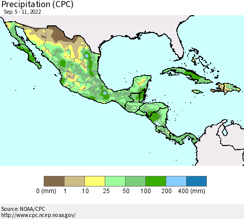 Mexico Central America and the Caribbean Precipitation (CPC) Thematic Map For 9/5/2022 - 9/11/2022