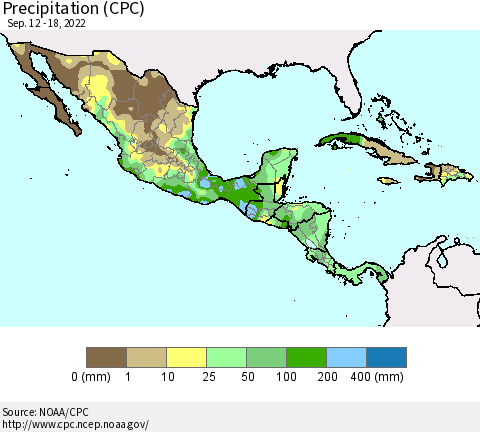 Mexico Central America and the Caribbean Precipitation (CPC) Thematic Map For 9/12/2022 - 9/18/2022