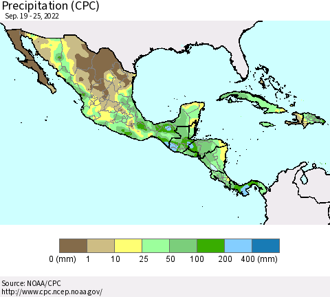 Mexico Central America and the Caribbean Precipitation (CPC) Thematic Map For 9/19/2022 - 9/25/2022