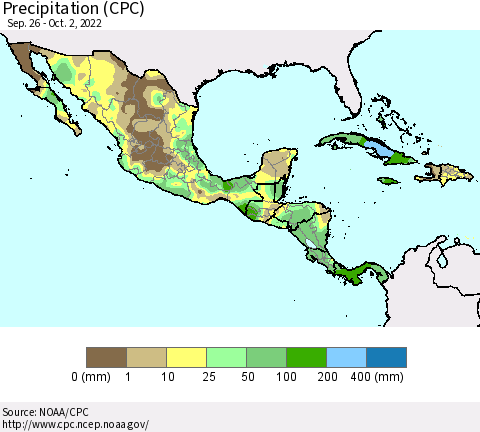 Mexico Central America and the Caribbean Precipitation (CPC) Thematic Map For 9/26/2022 - 10/2/2022