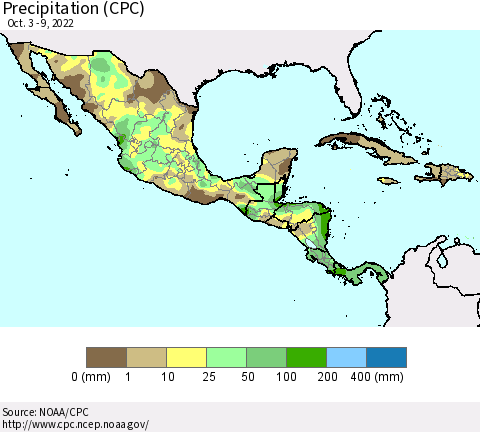 Mexico Central America and the Caribbean Precipitation (CPC) Thematic Map For 10/3/2022 - 10/9/2022
