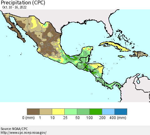 Mexico Central America and the Caribbean Precipitation (CPC) Thematic Map For 10/10/2022 - 10/16/2022