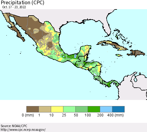 Mexico Central America and the Caribbean Precipitation (CPC) Thematic Map For 10/17/2022 - 10/23/2022