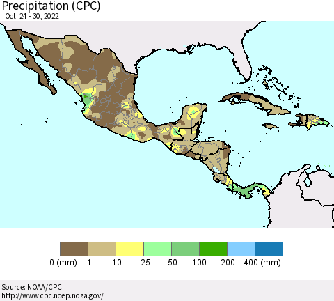 Mexico Central America and the Caribbean Precipitation (CPC) Thematic Map For 10/24/2022 - 10/30/2022