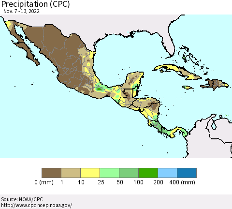 Mexico Central America and the Caribbean Precipitation (CPC) Thematic Map For 11/7/2022 - 11/13/2022