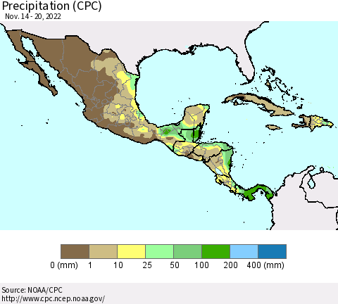 Mexico Central America and the Caribbean Precipitation (CPC) Thematic Map For 11/14/2022 - 11/20/2022