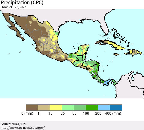 Mexico Central America and the Caribbean Precipitation (CPC) Thematic Map For 11/21/2022 - 11/27/2022
