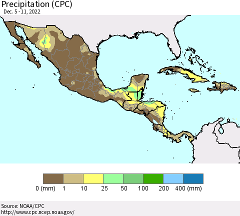 Mexico Central America and the Caribbean Precipitation (CPC) Thematic Map For 12/5/2022 - 12/11/2022