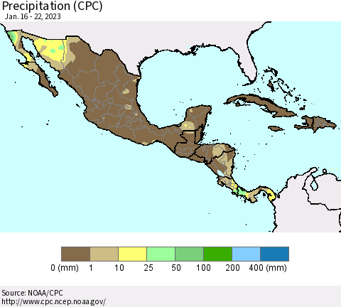 Mexico Central America and the Caribbean Precipitation (CPC) Thematic Map For 1/16/2023 - 1/22/2023