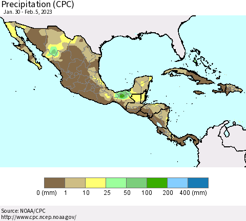 Mexico Central America and the Caribbean Precipitation (CPC) Thematic Map For 1/30/2023 - 2/5/2023