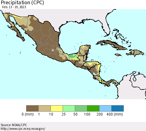 Mexico Central America and the Caribbean Precipitation (CPC) Thematic Map For 2/13/2023 - 2/19/2023