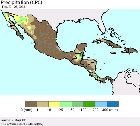 Mexico Central America and the Caribbean Precipitation (CPC) Thematic Map For 2/20/2023 - 2/26/2023