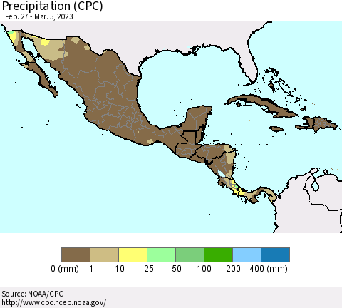 Mexico Central America and the Caribbean Precipitation (CPC) Thematic Map For 2/27/2023 - 3/5/2023