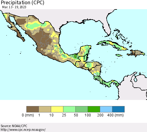 Mexico Central America and the Caribbean Precipitation (CPC) Thematic Map For 3/13/2023 - 3/19/2023