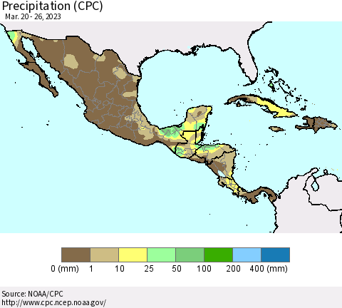 Mexico Central America and the Caribbean Precipitation (CPC) Thematic Map For 3/20/2023 - 3/26/2023
