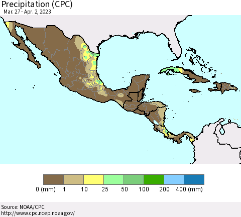 Mexico Central America and the Caribbean Precipitation (CPC) Thematic Map For 3/27/2023 - 4/2/2023