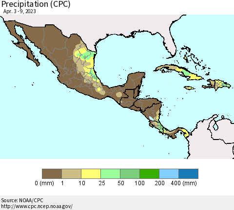 Mexico Central America and the Caribbean Precipitation (CPC) Thematic Map For 4/3/2023 - 4/9/2023